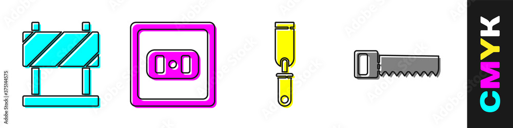 设置路障、电源插座、Rasp金属锉刀和手锯图标。矢量。
