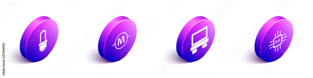 Set Isometric LED light bulb, Electric circuit scheme, Fuse and Processor with microcircuits CPU ico