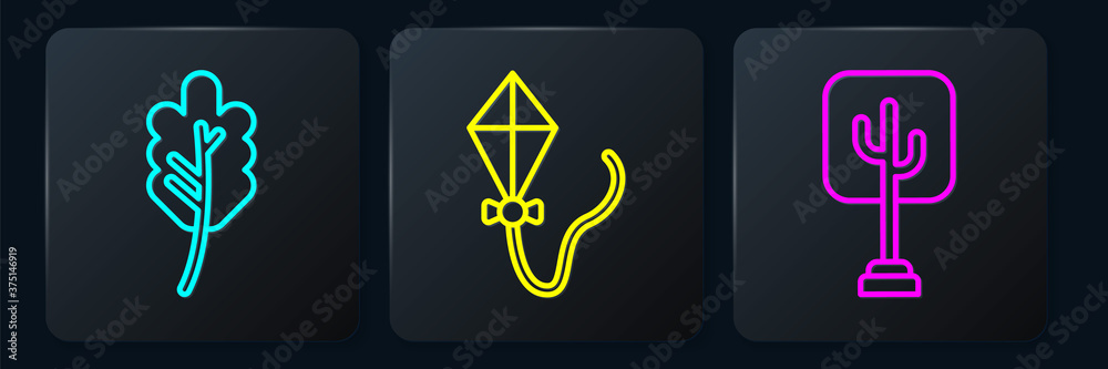 Set line Leaf or leaves, Tree and Kite. Black square button. Vector.