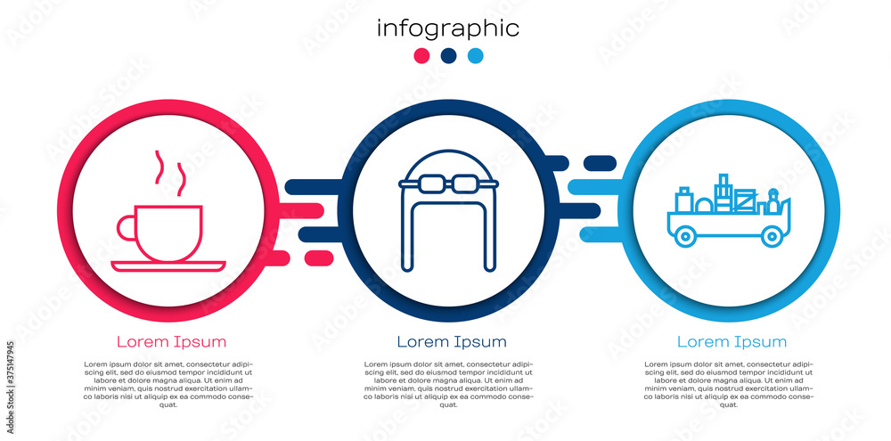 套装咖啡杯、带护目镜的飞行员帽和机场行李牵引车。商业信息图