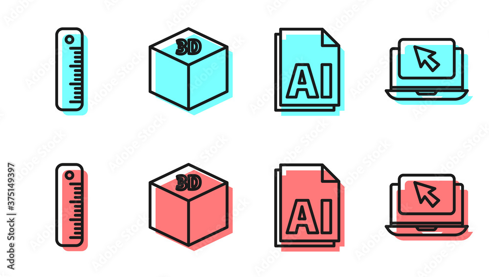 设置行AI文件文档、标尺、等轴测立方体和笔记本电脑以及光标图标。矢量。
