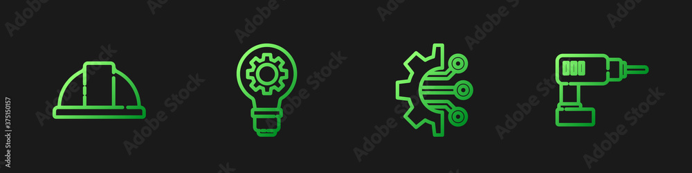 Set line Algorithm, Worker safety helmet, Light bulb and gear and Electric drill machine. Gradient c