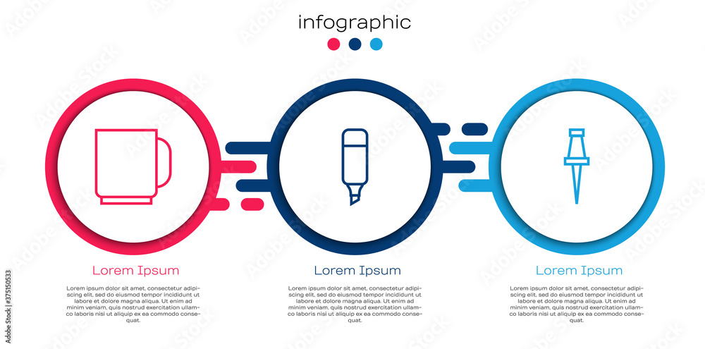 设置线条咖啡杯、记号笔和图钉。商业信息图模板。矢量。