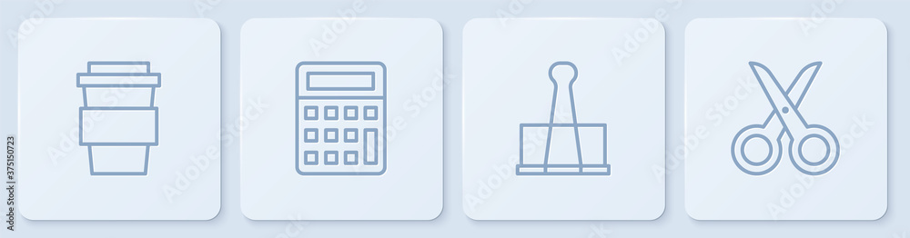 Set line Coffee cup to go, Binder clip, Calculator and Scissors. White square button. Vector.