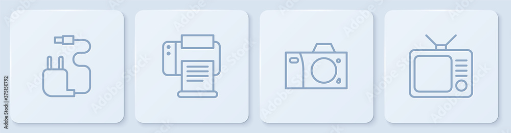 设置线充电器、照相/摄像机、打印机和复古电视。白色方形按钮。矢量。