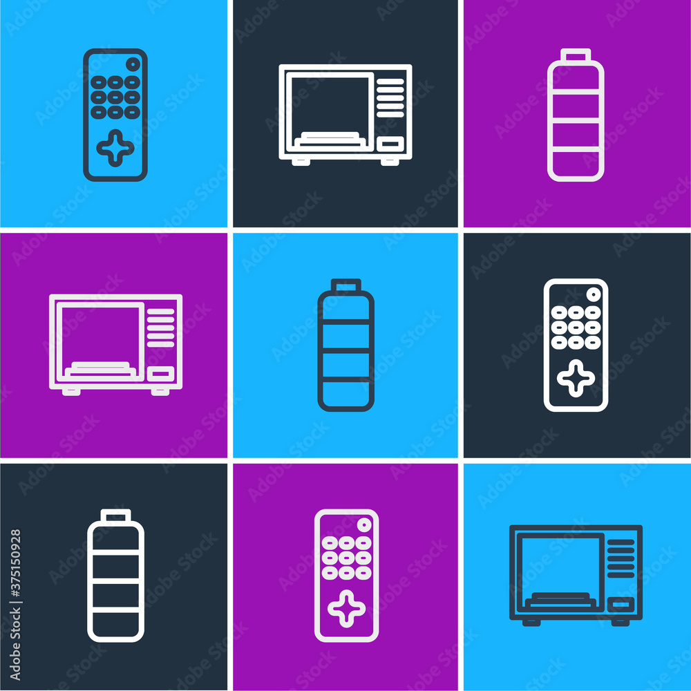 Set line Remote control, Battery charge level indicator and Microwave oven icon. Vector.