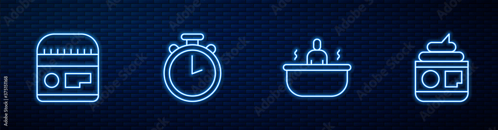 Set line Bathtub, Cream or lotion cosmetic tube, Stopwatch and . Glowing neon icon on brick wall. Ve