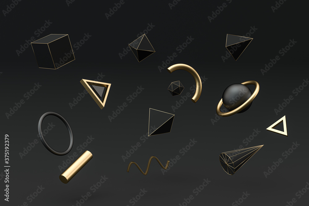 Golden and black abstract objects, 3d rendering.