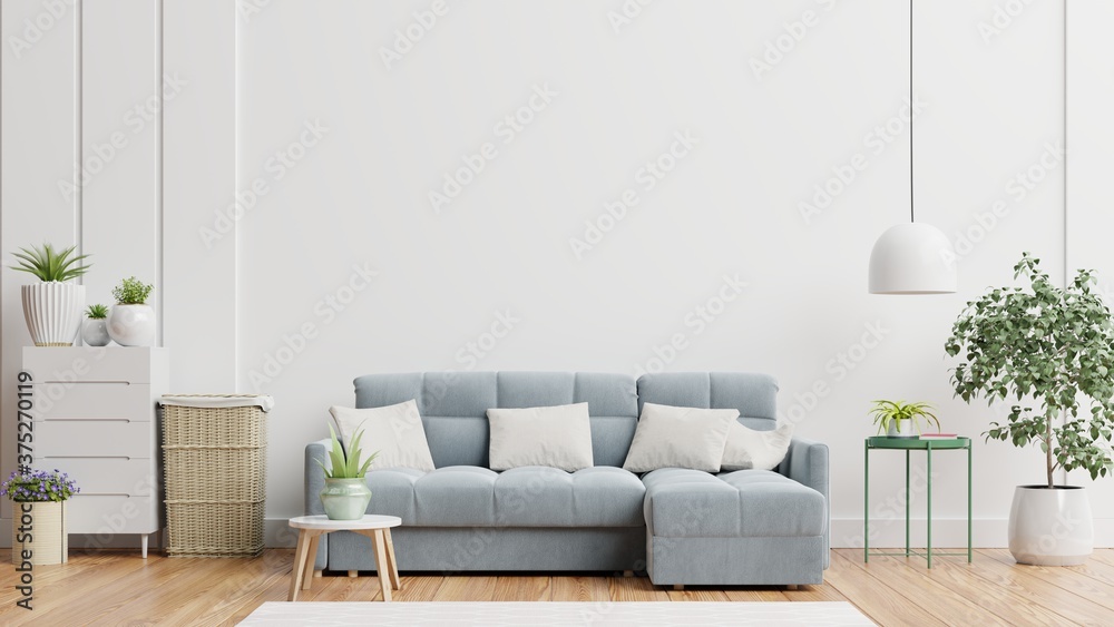 Bright and cozy modern living room interior have sofa and lamp with white wall background.