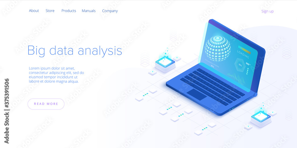 等轴测矢量图解中的大数据技术。信息存储和分析系统。数字
