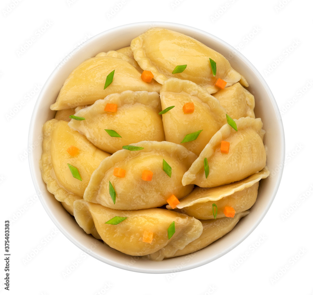 Filled dumplings in bowl isolated on white background, top view