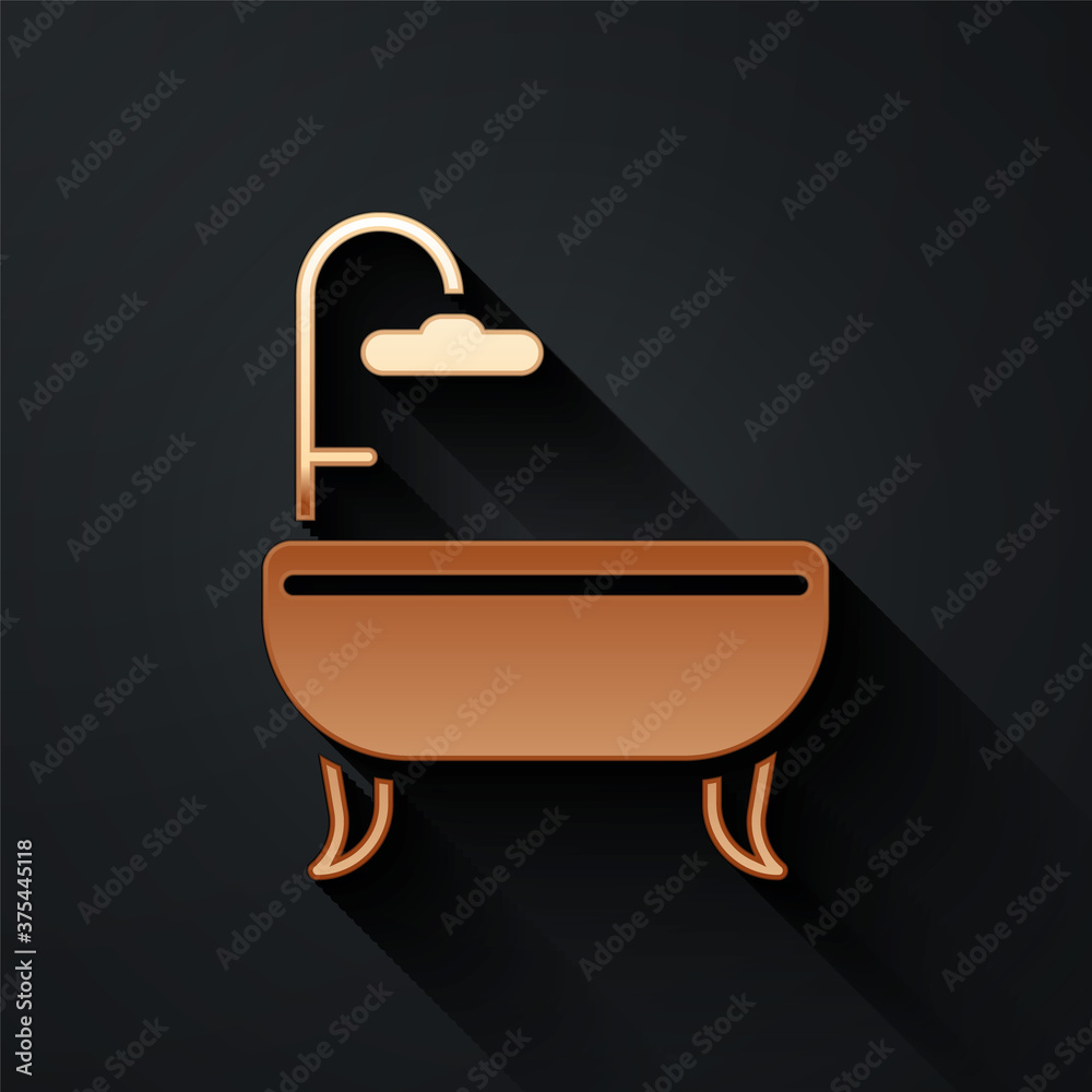 Gold Bathtub icon isolated on black background. Long shadow style. Vector Illustration.