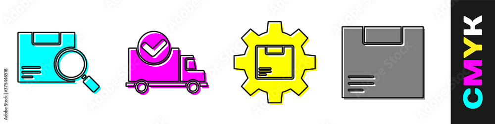 Set Search package, Delivery truck with check mark, Gear wheel with package box and Carton cardboard