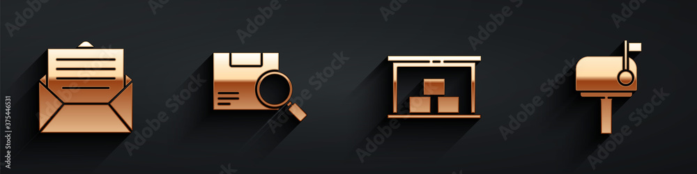 Set Envelope, Search package, Warehouse and Mail box icon with long shadow. Vector.