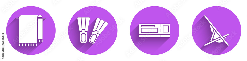 Set Towel on a hanger, Rubber flippers, Travel ticket and Sunbed icon with long shadow. Vector.