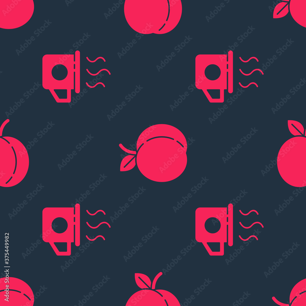 Set Cup of tea and Peach fruit on seamless pattern. Vector.