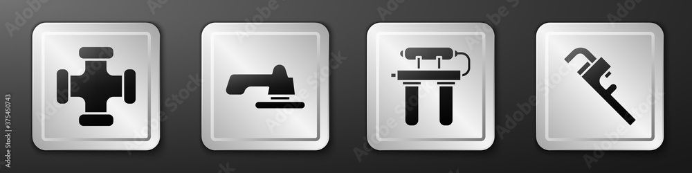 Set Industry metallic pipe, Water tap, Water filter and Pipe adjustable wrench icon. Silver square b