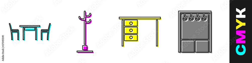 配有椅子、衣帽架、办公桌和衣柜图标的木桌。矢量。