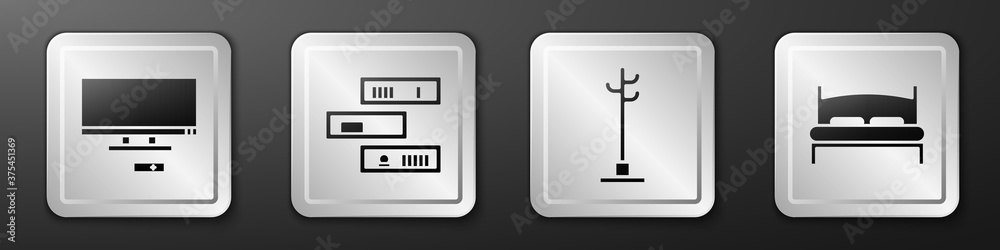 设置智能电视、书架、衣架和大床图标。银色方形按钮。矢量。