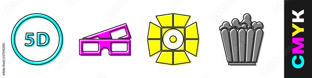 设置5d虚拟现实、3D影院眼镜、电影聚光灯和爆米花盒子图标。矢量。