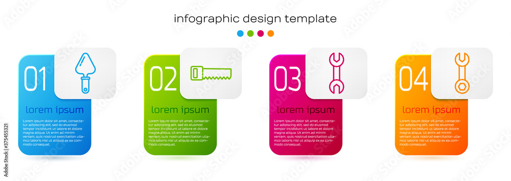 Set line Trowel, Hand saw, Wrench spanner and Wrench spanner. Business infographic template. Vector.