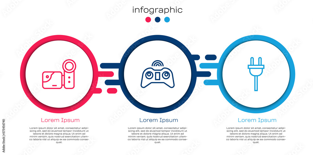 设置线影院摄像机、无线游戏板和电动插头。商业信息图模板。矢量。