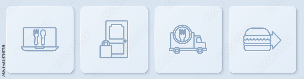 设置在线订购和配送、快速乘车和汉堡。白色方形按钮。矢量。