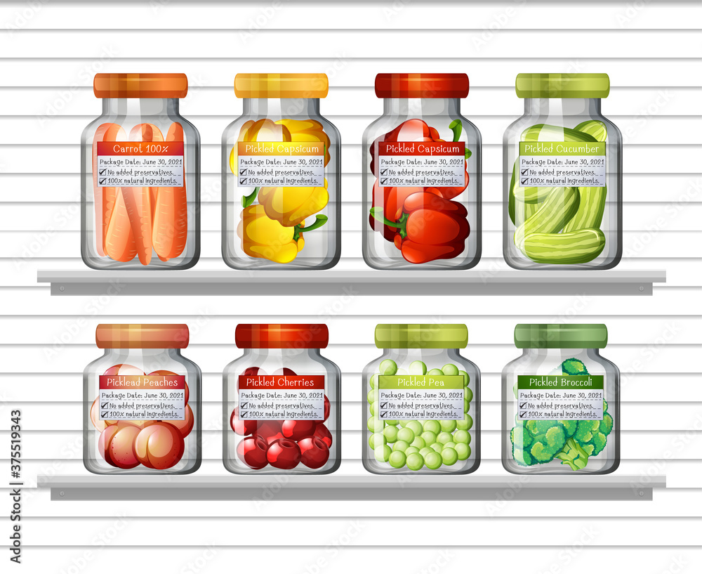 Set of different vegetables in different jars and canned foods on wall shelves