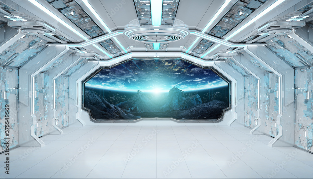 White blue spaceship futuristic interior with window view on space and planets 3d rendering