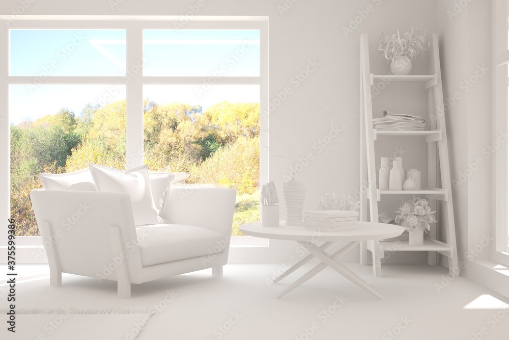 White stylish minimalist room with armchair and autumn landscape in window. Scandinavian interior de