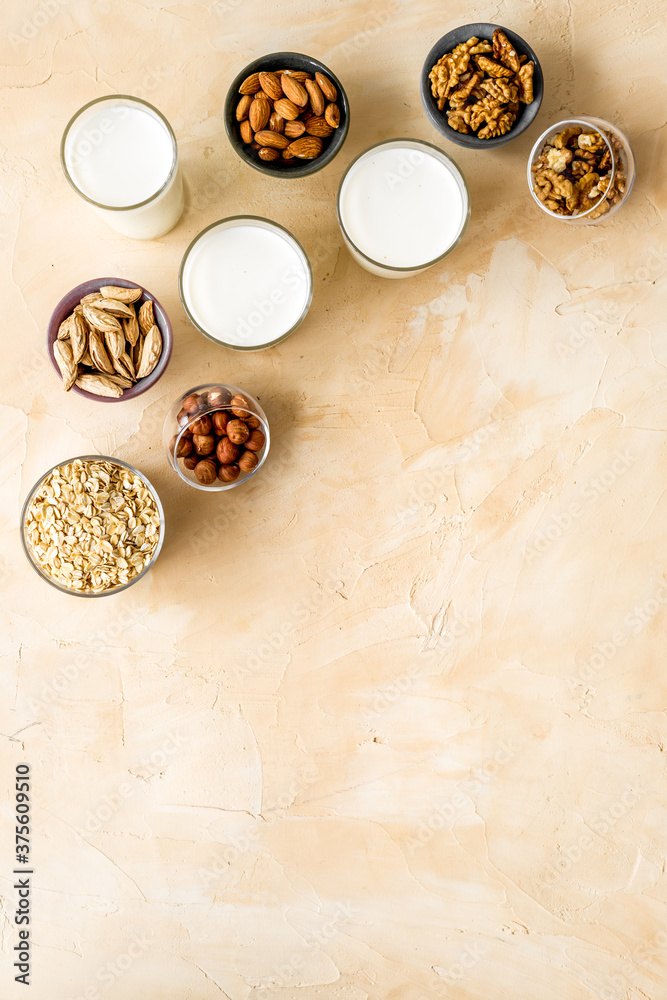 Top view of non-dairy lactose free milk with nuts