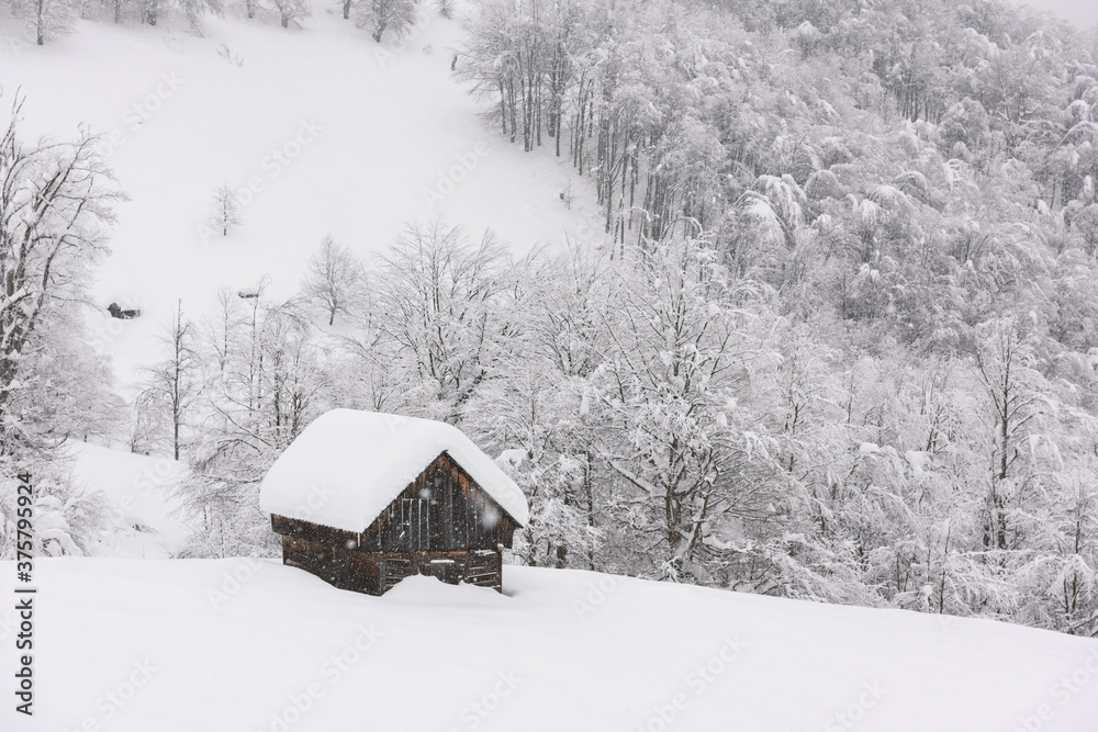 雪山木屋的极简主义冬季景观。多云，景观照片