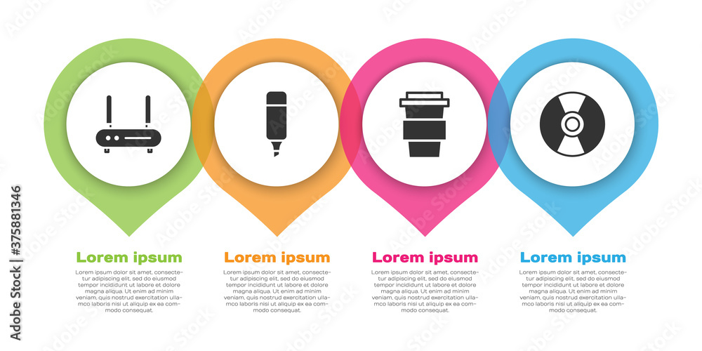 Set Router and wi-fi signal, Marker pen, Coffee cup to go and CD or DVD disk. Business infographic t