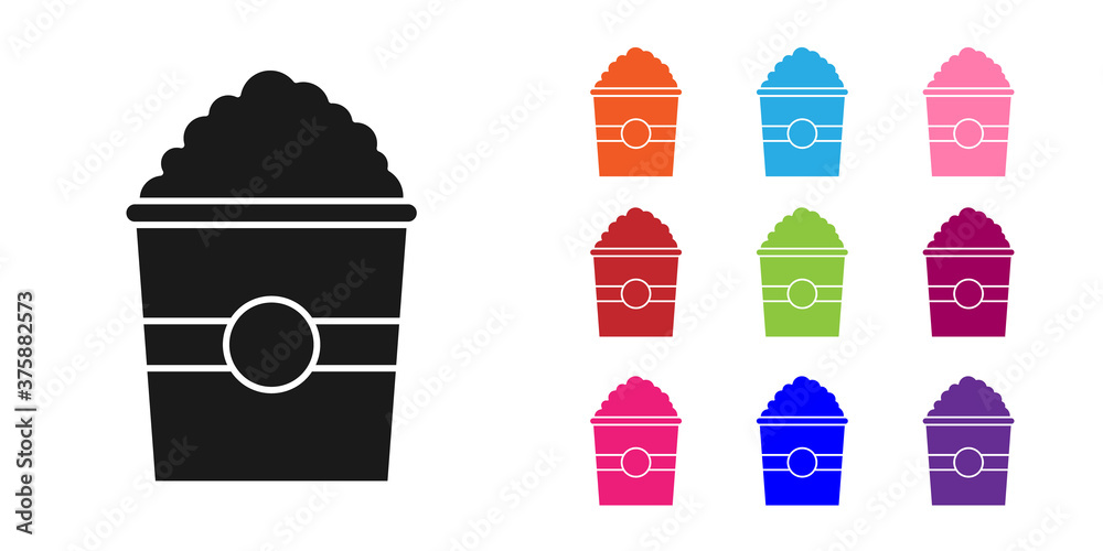 纸板箱中的黑色爆米花图标在白色背景上隔离。爆米花桶盒。设置图标colo