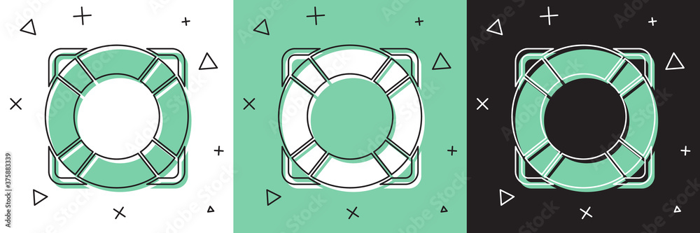 将救生圈图标隔离在白色和绿色，黑色背景上。救生带符号。矢量插图