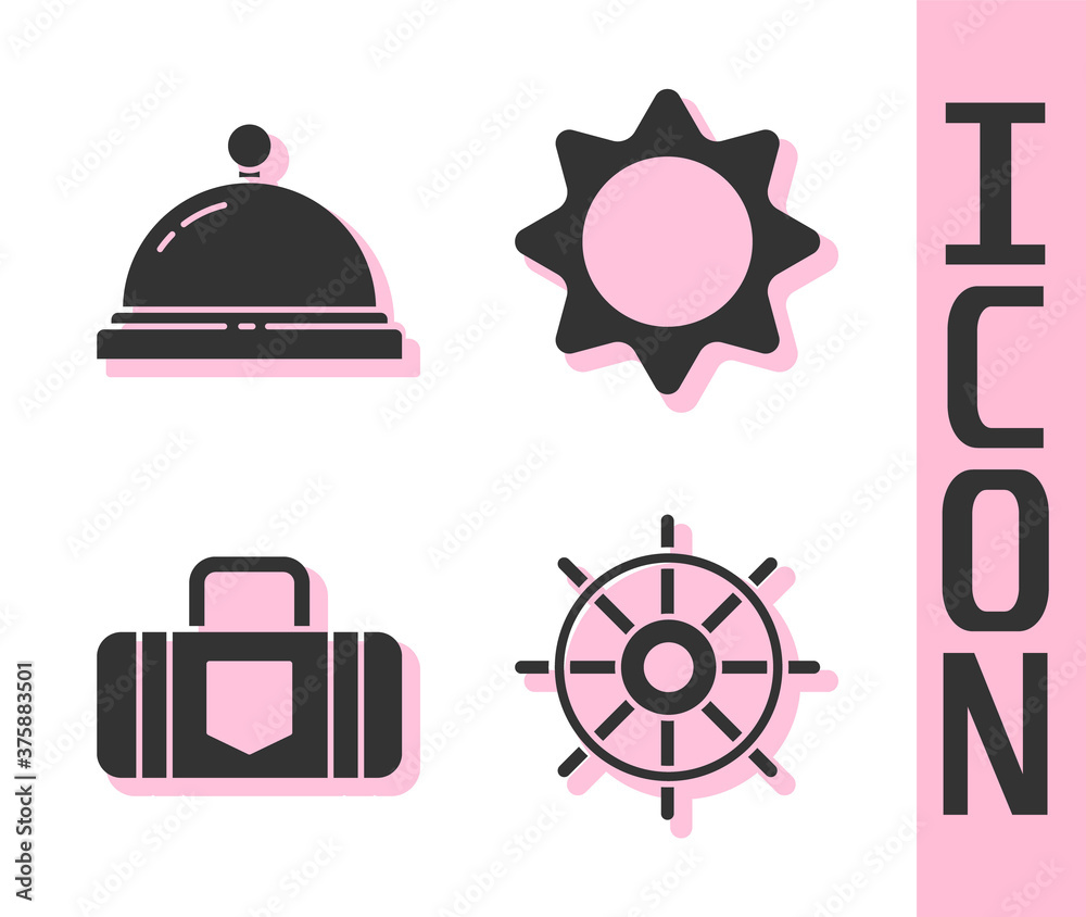 Set Ship steering wheel, Hotel service bell, Suitcase and Sun icon. Vector.