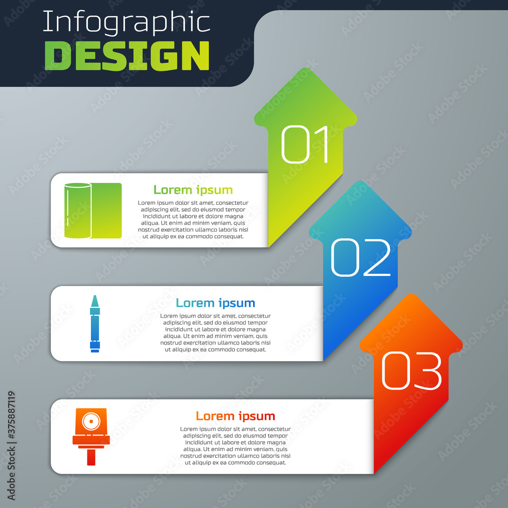 Set Paper towel roll, Wax crayons for drawing and Spray can nozzle cap. Business infographic templat