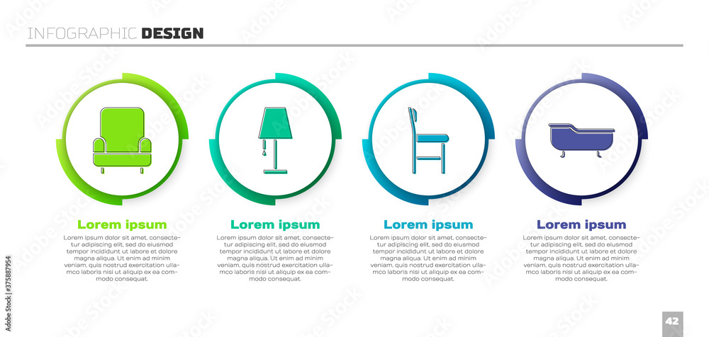 设置扶手椅、台灯、椅子和浴缸。商业信息图模板。矢量。