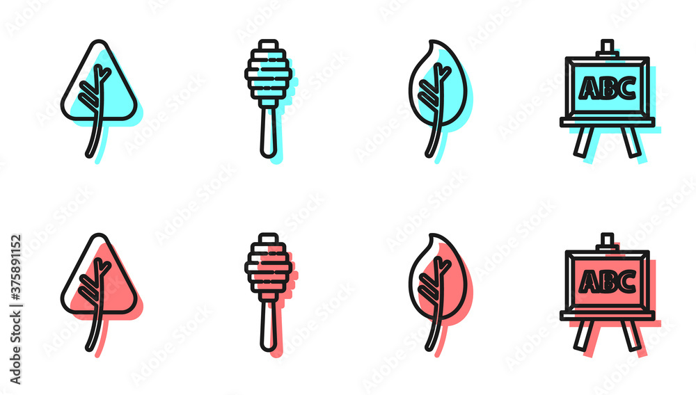 设置线Leaf or leaves，Leaf or leaves，Honey dipper stick and Chalkboard icon.Vector。