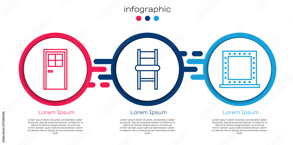 Set line Closed door，Chair and Makeup mirror with lights.Business infographic template.Vector（设线带灯的闭