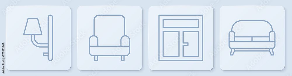 设线壁灯、房间窗户、扶手椅和沙发。白色方形按钮。矢量。