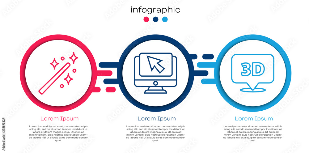 Set line Magic wand, Computer monitor and cursor and Speech bubble with text 3D. Business infographi