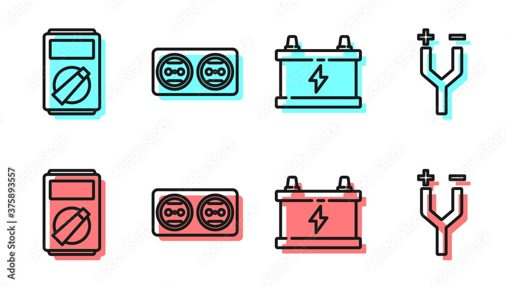 设置车载电池、万用表、电源插座和电缆图标。矢量。