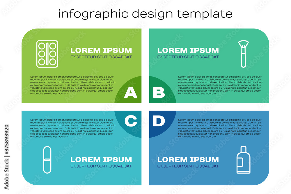 Set line Nail file, Eye shadow palette, Bottle of shampoo and Makeup brush. Business infographic tem