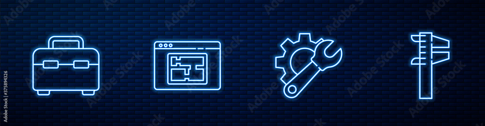 套装扳手和齿轮、工具箱、室内平面图和卡尺或卡尺刻度。发光霓虹灯ic