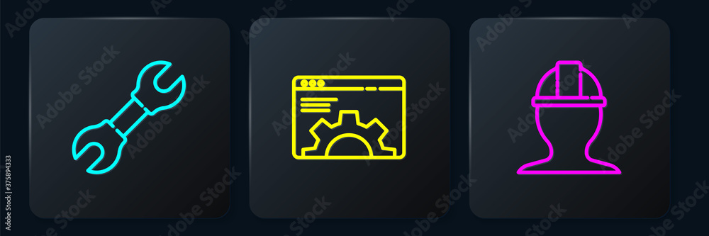 Set line Wrench spanner, Worker safety helmet and Browser setting. Black square button. Vector.