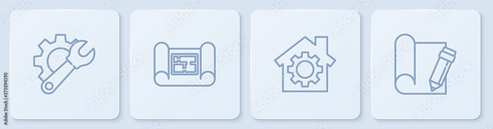 Set line Wrench spanner and gear, House with, plan and Graphing paper pencil. White square button. V