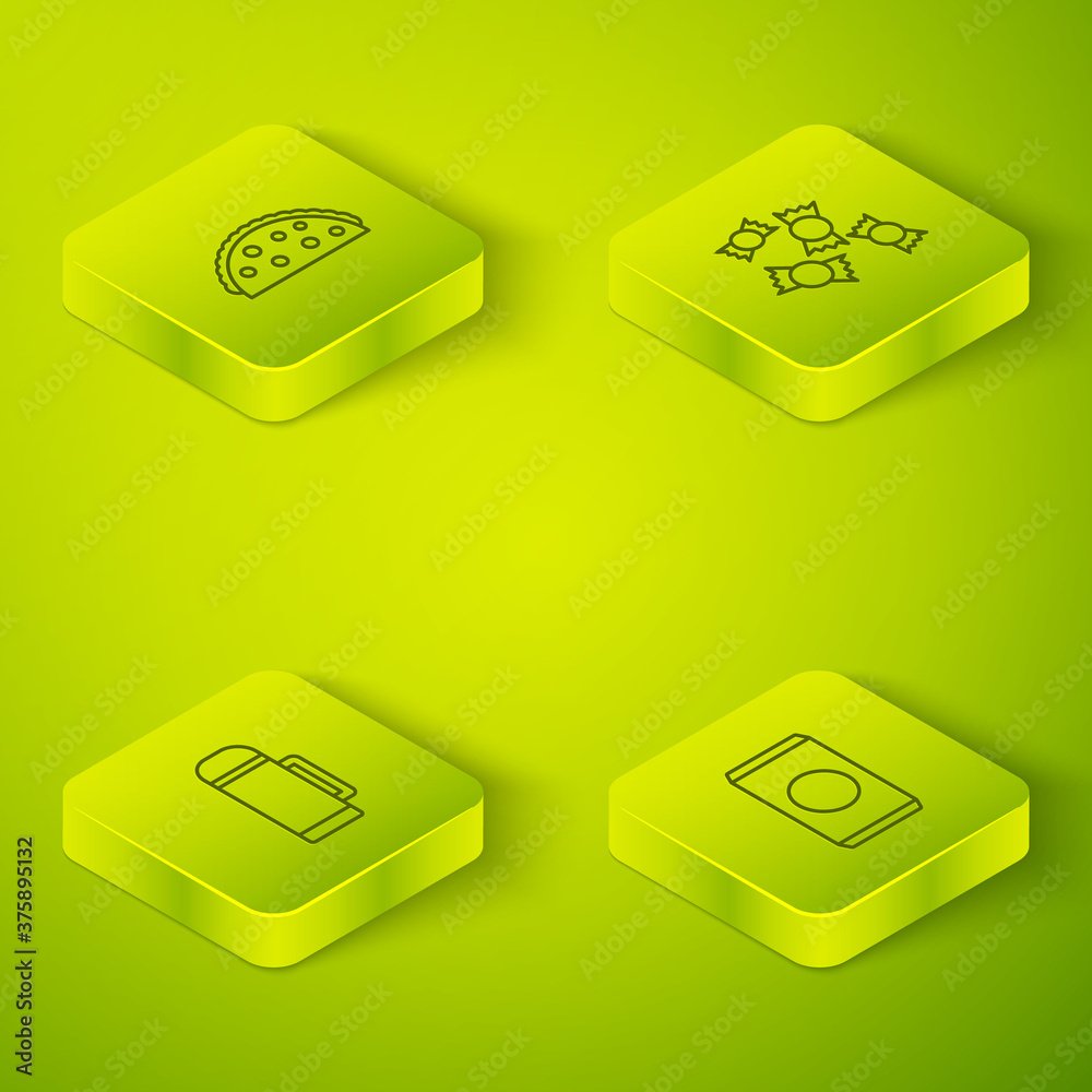 Set Isometric Candy, Thermos container, Soda can with straw and Taco tortilla icon. Vector.