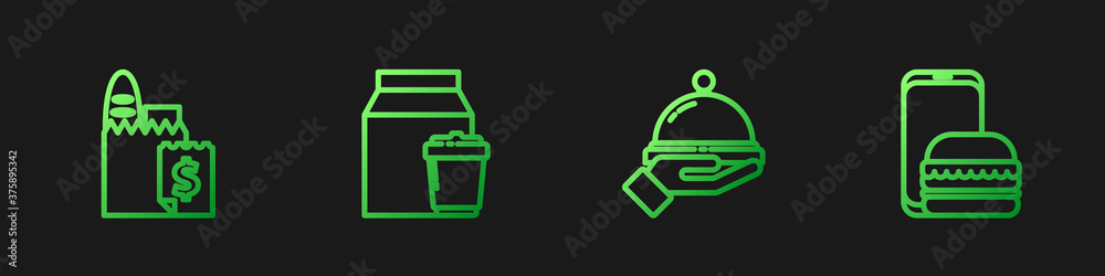 Set line Covered with a tray of food, Online ordering and delivery, and . Gradient color icons. Vect