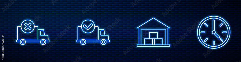 Set line Warehouse，Delivery cargo truck vehicle，with check mark and Clock.Glowing neon icon on br（设线